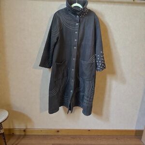 Gudrun Sjoden Charcoal Trench Coat with Swirl and Dot Patterns